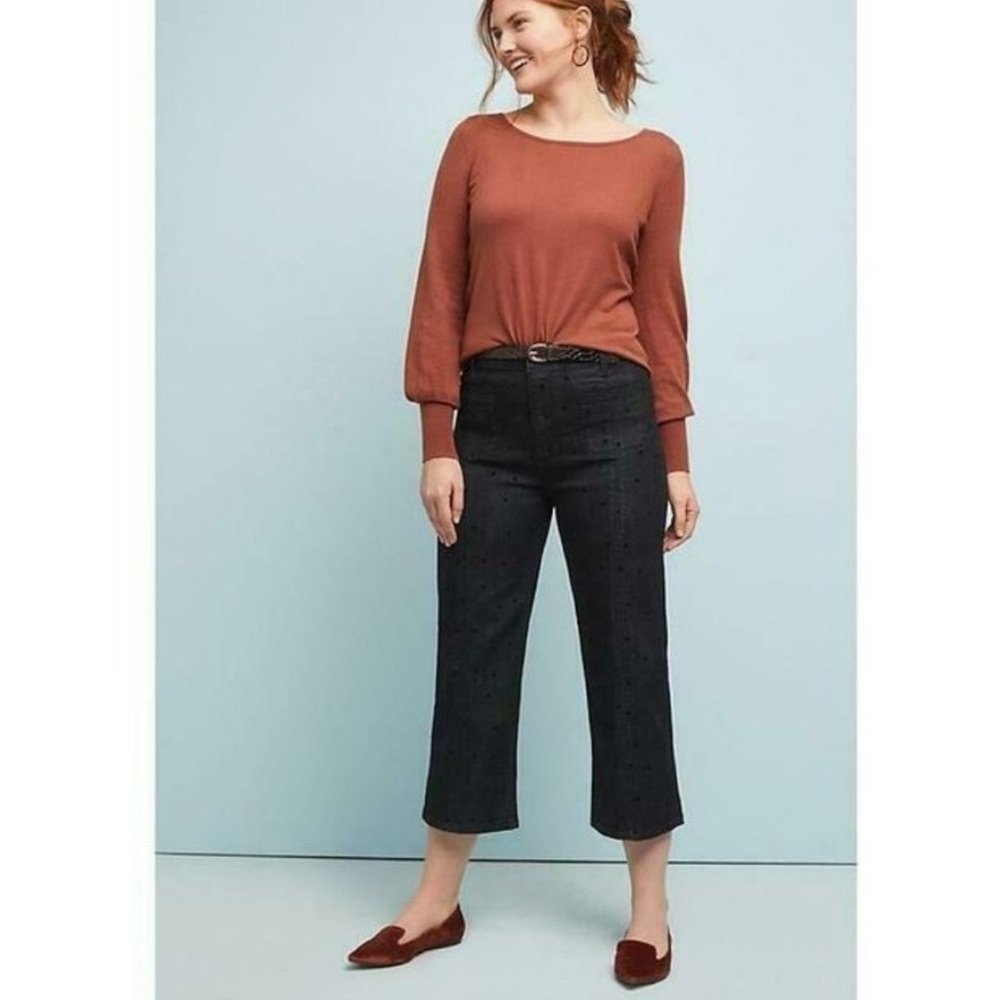 ANTHROPOLOGIE Pilcro Washed Black Polka Dot Wide Leg Cropped Jeans 27 Boho